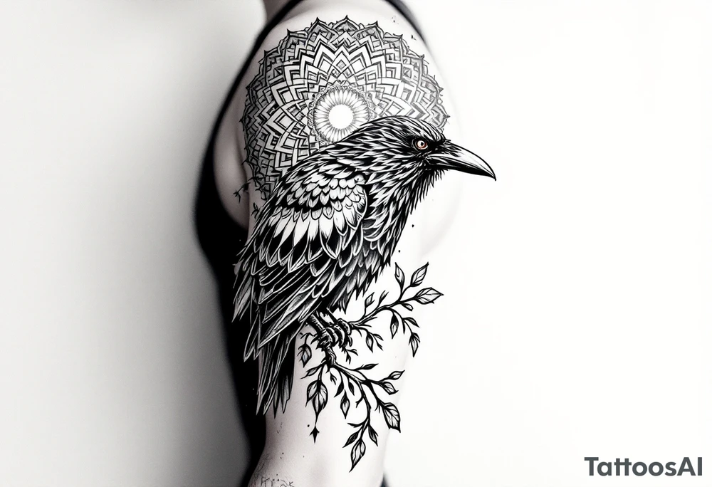 left arm tattoo of a raven on a branch surrounded by mandala tattoo idea