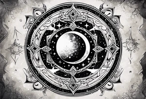Matter, energy, space and time with an old stone theta symbol with stars in the background and Scorpio constellation tattoo idea