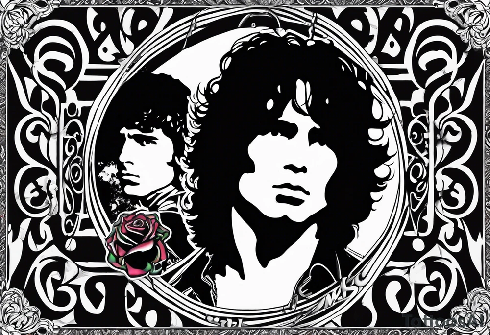 The existing tattoos (Jim Morrison portrait and quote)
Janis Joplin's round glasses
Hendrix-style guitar
Roses intertwined with psychedelic shapes
Classic rock lyrics in elegant script
Abstract Beatles references (like silhouettes or musical notes) tattoo idea