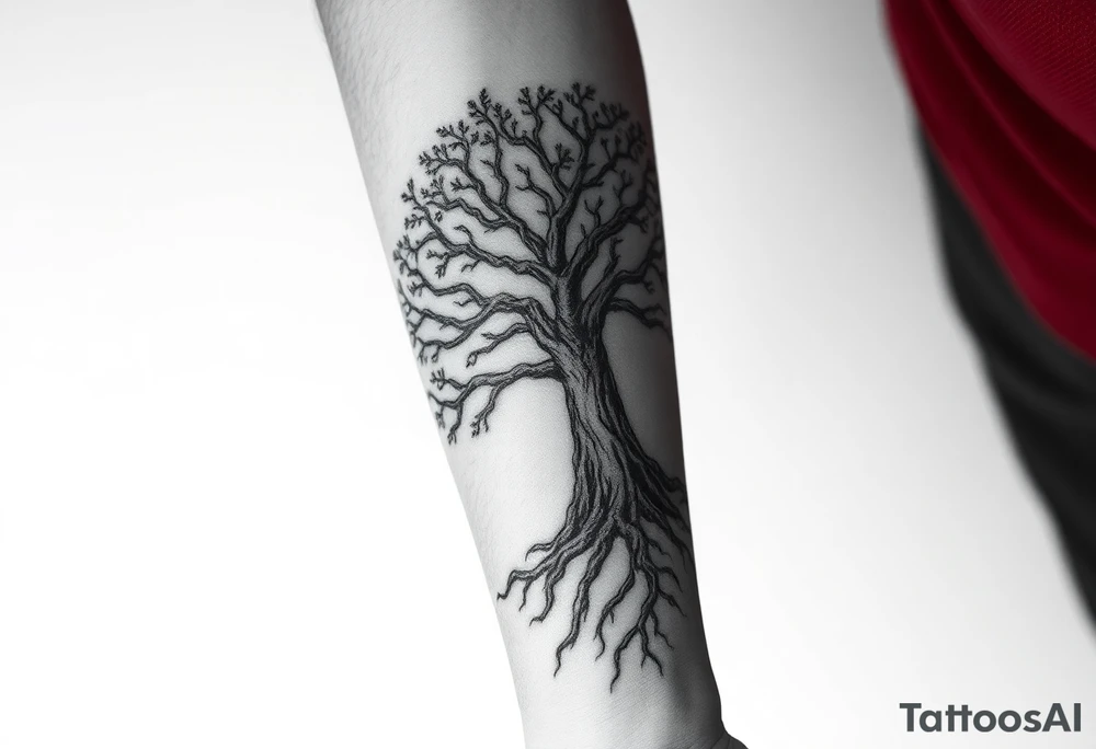 Family tree with roots covering entire forearm tattoo idea