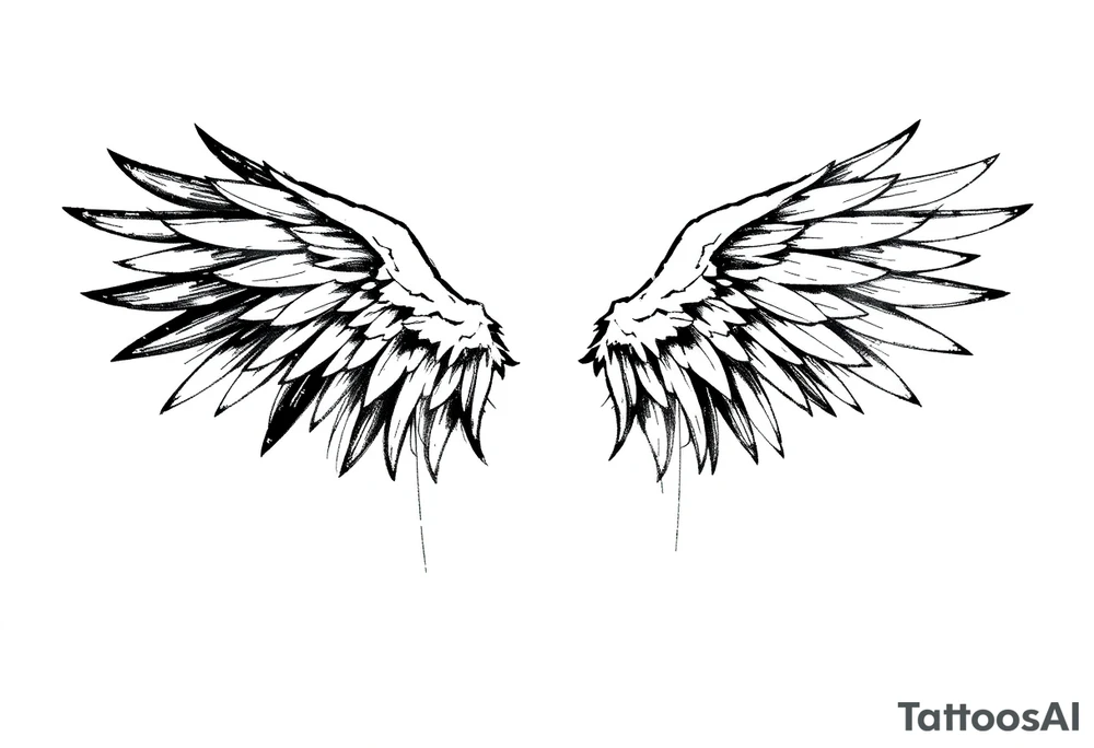 the wings go up

This tattoo design features a pair symmetrical angel wings drawn in black ink with a rough, sketch-like style. The left wing is darker, more defined, and appears denser, while the right wing is lighter, more delicate, and fragmented, creating a contrast between the two. The feathers are sharp and irregular, with fine lines and stray strokes extending outward, adding a raw and artistic feel. The overall look is dynamic and slightly chaotic, giving the impression of movement or an unfinished, ethereal form. This design symbolizes duality, freedom, transformation, or even struggle, making it a meaningful and visually striking tattoo. tattoo idea