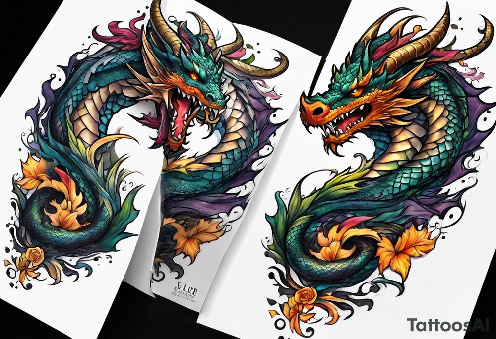 Dragon arm sleeve with an eldritch design tattoo idea