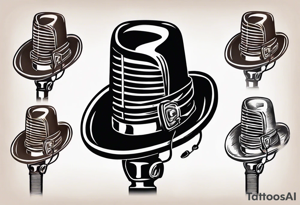 old school broadcast microphone with a cowboy hat on top of it. tattoo idea