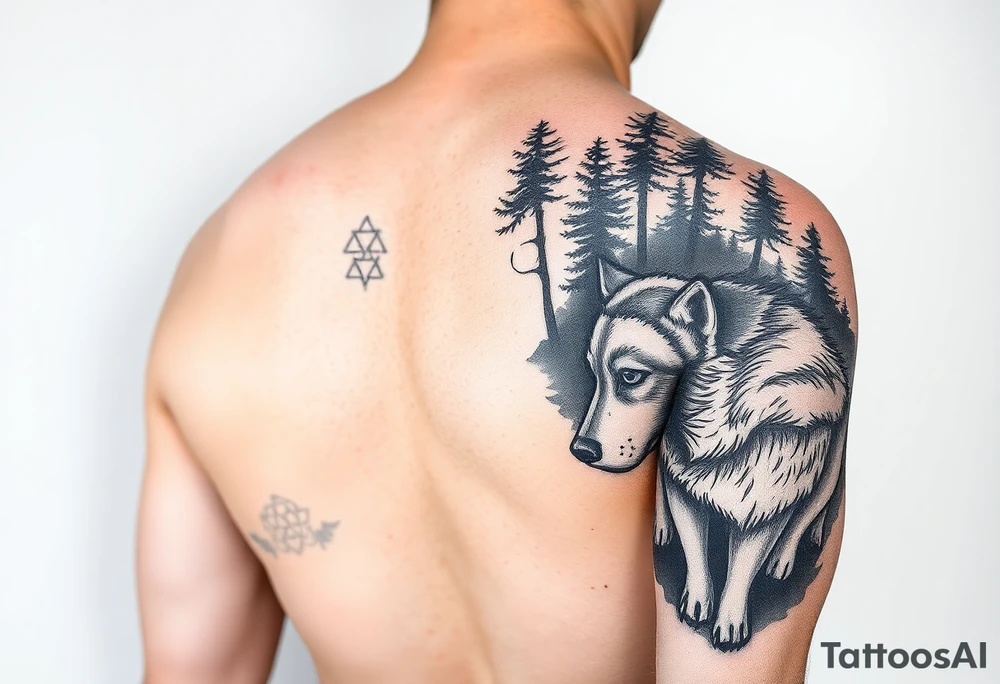 Night time forest scene arm sleeve with a wolf on the right arm tattoo idea