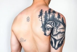 Night time forest scene arm sleeve with a wolf on the right arm tattoo idea