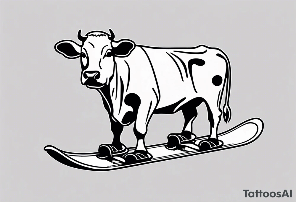 Generate a minimalist and simple black and white tattoo design featuring a joyful cow snowboarding, wearing goggles. Focus on essential lines and details to convey the playful spirit of the scene. The cow should exude confidence while effortlessly snowboarding down a snowy slope. Keep the design clean and uncluttered, suitable for a small to medium-sized tattoo space. Emphasize the charm and whimsy with the addition of goggles, ensuring the overall aesthetic remains simple and minimalistic. The goal is to create a visually appealing and easily recognizable tattoo that captures the essence of a cow enjoying a snowboarding adventure tattoo idea