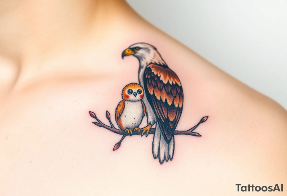 A mother and baby eagle perched on a branch, with soft watercolor strokes in natural colors tattoo idea