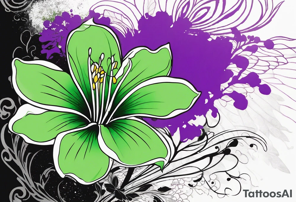 An outline of a green rio dipladenia flower and a green and purple watercolor splash in the background tattoo idea