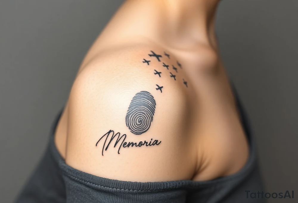Memorial tattoo using line drawing style in black with shading. The design should flow up from his signature on the bottom, shading into fingerprints and the melting into small planes flying away to the top right. This will go on the left shoulder. tattoo idea