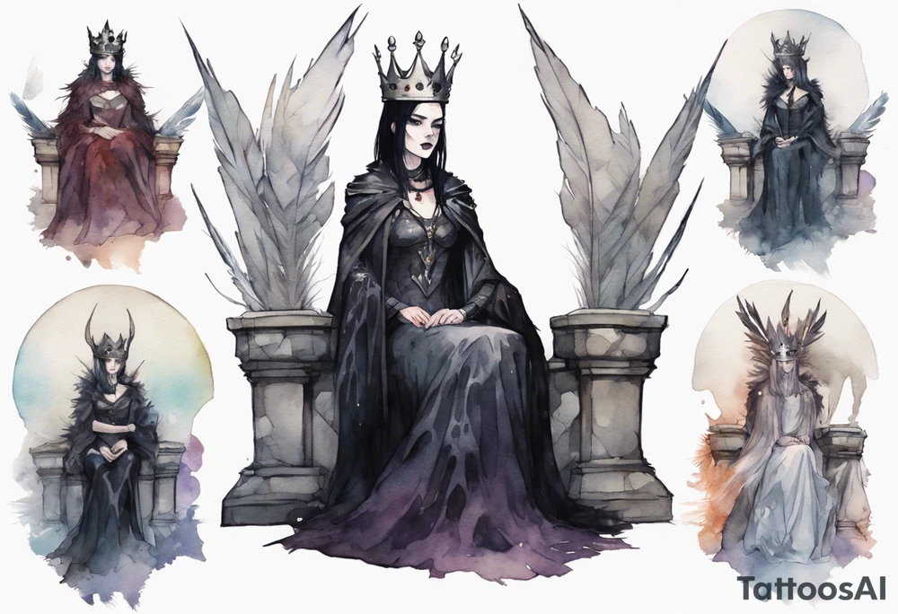 a Visgoth queen wearing a simple iron crown, wearing a feather cloak, sitting on a simple stone throne tattoo idea