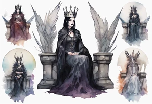 a Visgoth queen wearing a simple iron crown, wearing a feather cloak, sitting on a simple stone throne tattoo idea