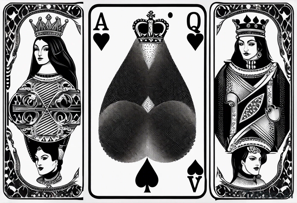 one playing card with both queen of hearts and king of spades in minimalistic style tattoo idea