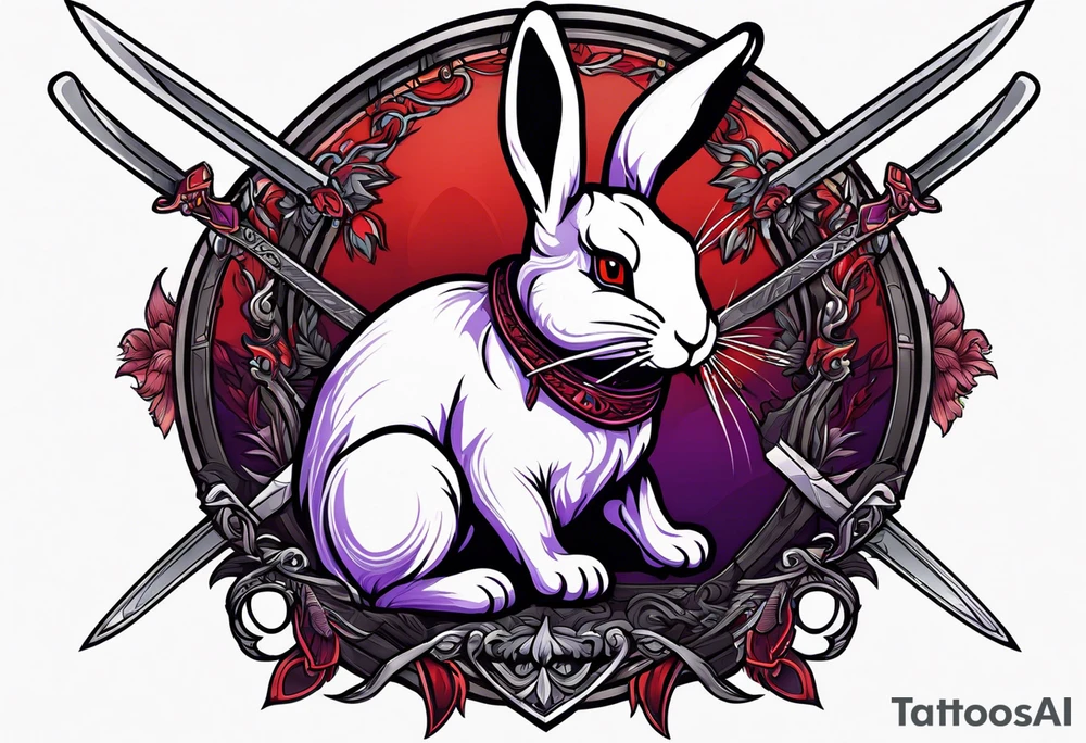 Black, red, and purple rabbit holding a sword tattoo idea