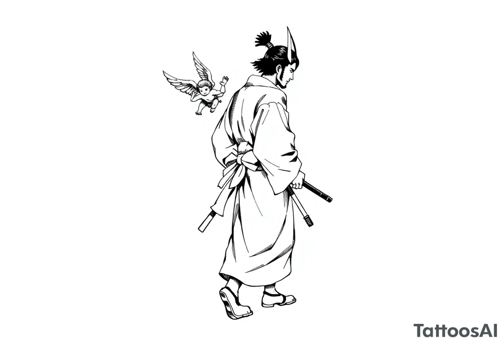 A solemn Japanese samurai (or ronin) in traditional hakama and kimono, walking in profile view. A small winged cherub or angel is floating behind him, reaching out with its hand towards his back. Black and white ink sketch, high contrast, monochrome, manga style, clean lines, dynamic composition, with ink splatter details on a white background. --ar 1:1 tattoo idea