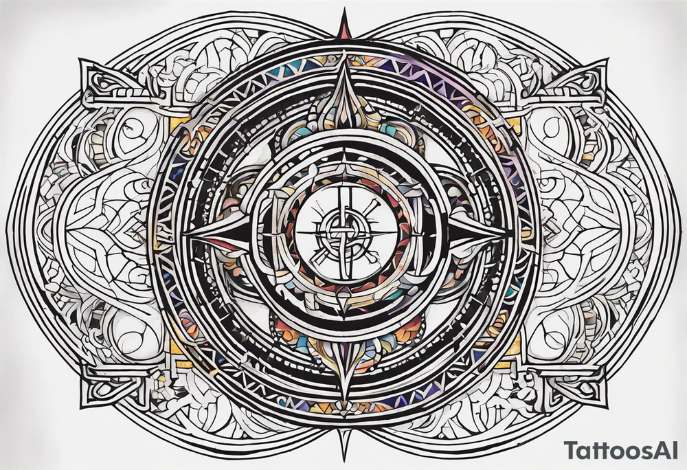 A half-and-half tattoo design, where one half features intricate geometric and mystical symbols inspired by Doctor Strange, with detailed line work or tribal patterns. The other half could integrate another element, such as a philosophical word from Asian languages, adding depth and personal meaning. The design balances mystical symbols with reflective, life-oriented themes tattoo idea