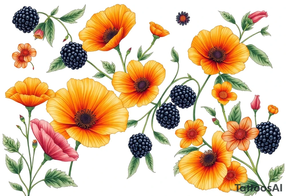 California wildflowers, poppies, and orange fruit and orange blossoms. Blackberries plant/flower. tattoo idea