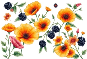 California wildflowers, poppies, and orange fruit and orange blossoms. Blackberries plant/flower. tattoo idea