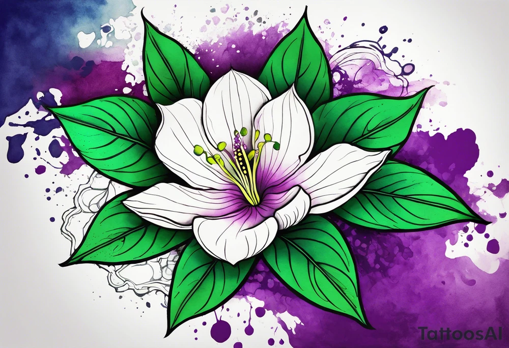 An outline of a green rio dipladenia flower and a green and purple watercolor splash in the background tattoo idea