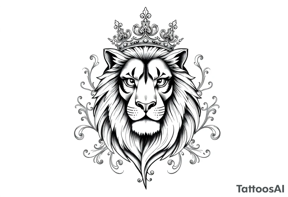 majestic lion wearing ornate crown, surrounded by baroque flourishes tattoo idea