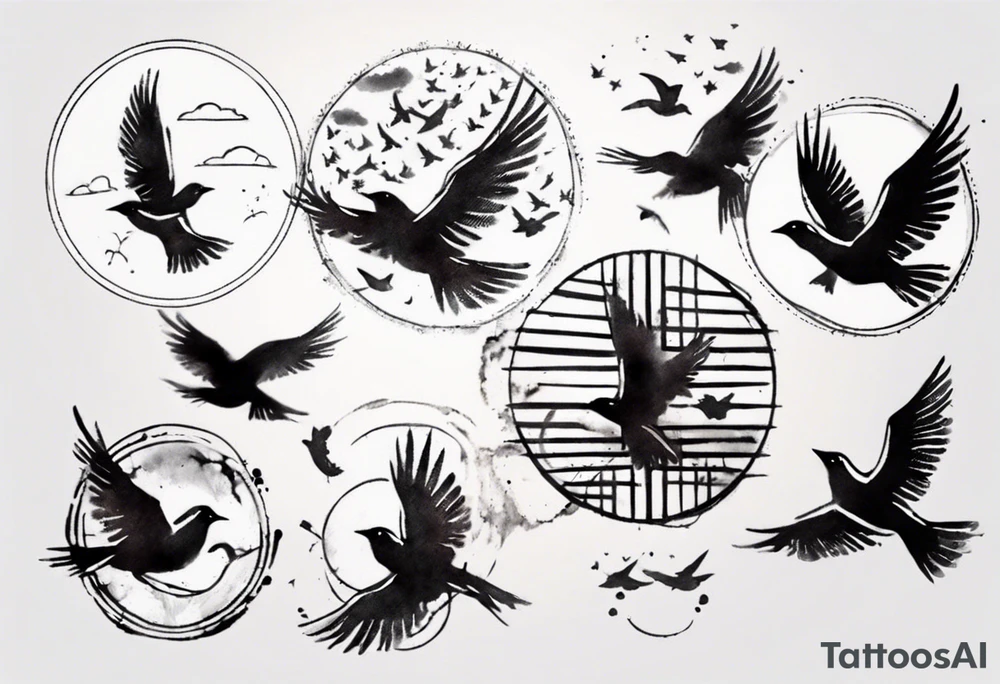shoulder tattoo with light rays with birds flying free among the clouds, round shape, 3d effect tattoo idea shoulder tattoo with light rays with birds flying free among the clouds, round shape, 3d effect tattoo idea