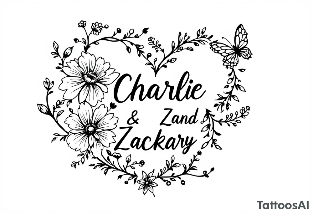 heart, flower and butterfly with name Charlie and Zackary tattoo idea