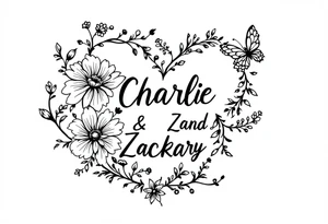 heart, flower and butterfly with name Charlie and Zackary tattoo idea