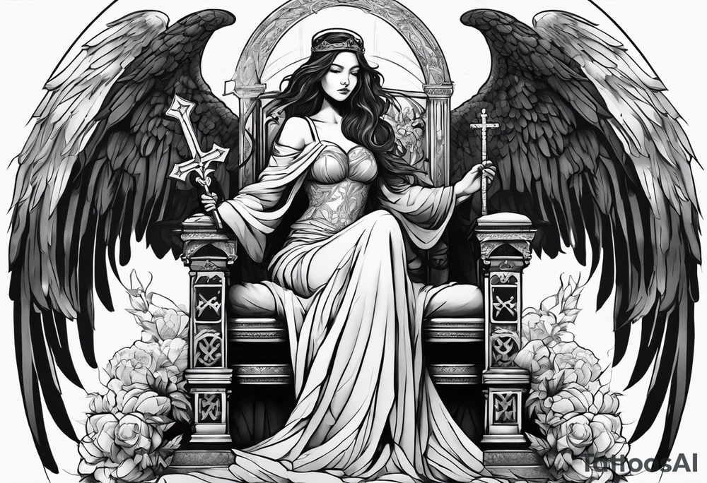 girl angel sitting in a throne with a staff with a cross at the top, a devil laying on the ground by the angels feet being stabbed in the chest by the staff tattoo idea