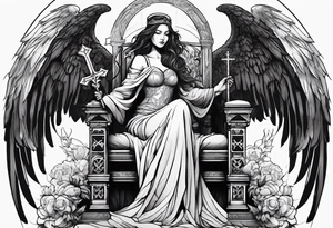 girl angel sitting in a throne with a staff with a cross at the top, a devil laying on the ground by the angels feet being stabbed in the chest by the staff tattoo idea