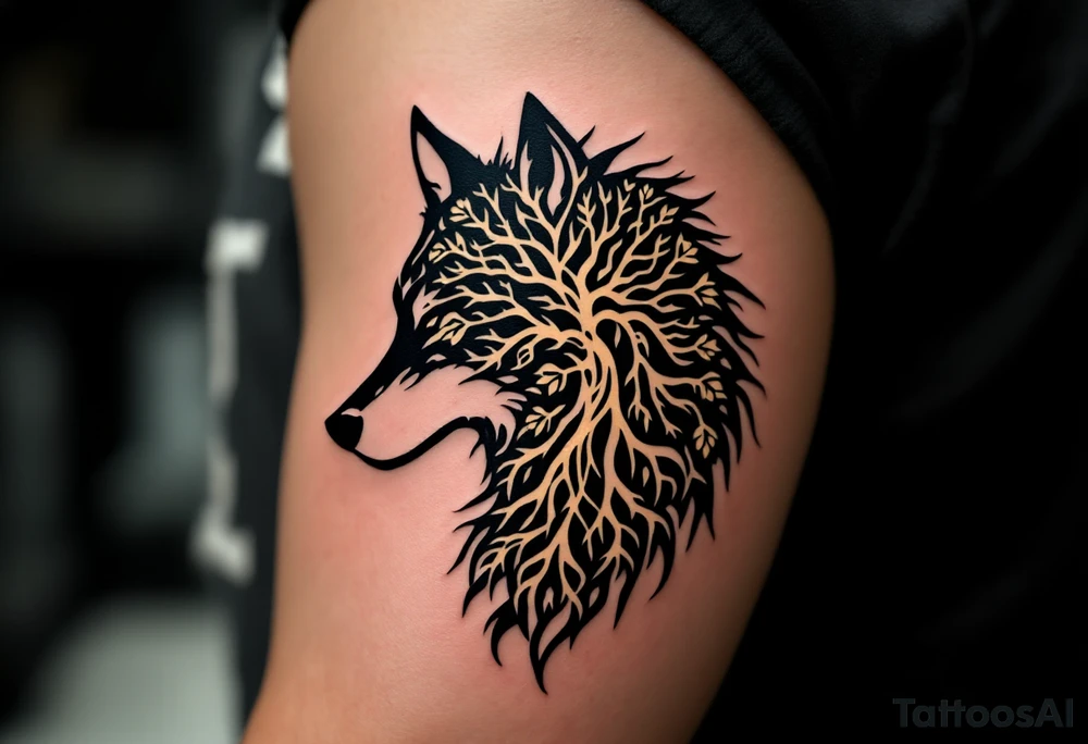 Wolf with Celtic Tree of Life – The silhouette of a black wolf filled with green-and-gold Tree of Life patterns and root knotwork. tattoo idea