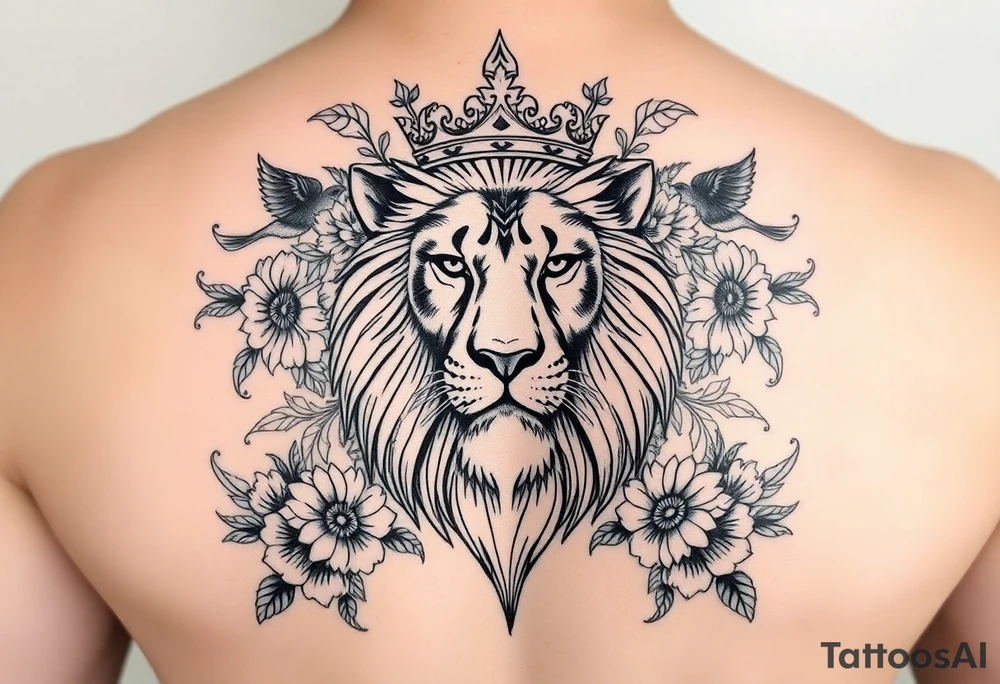 powerful majestic lion with a crown, surrounded by floral ornaments and birds tattoo idea