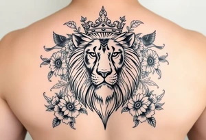 powerful majestic lion with a crown, surrounded by floral ornaments and birds tattoo idea