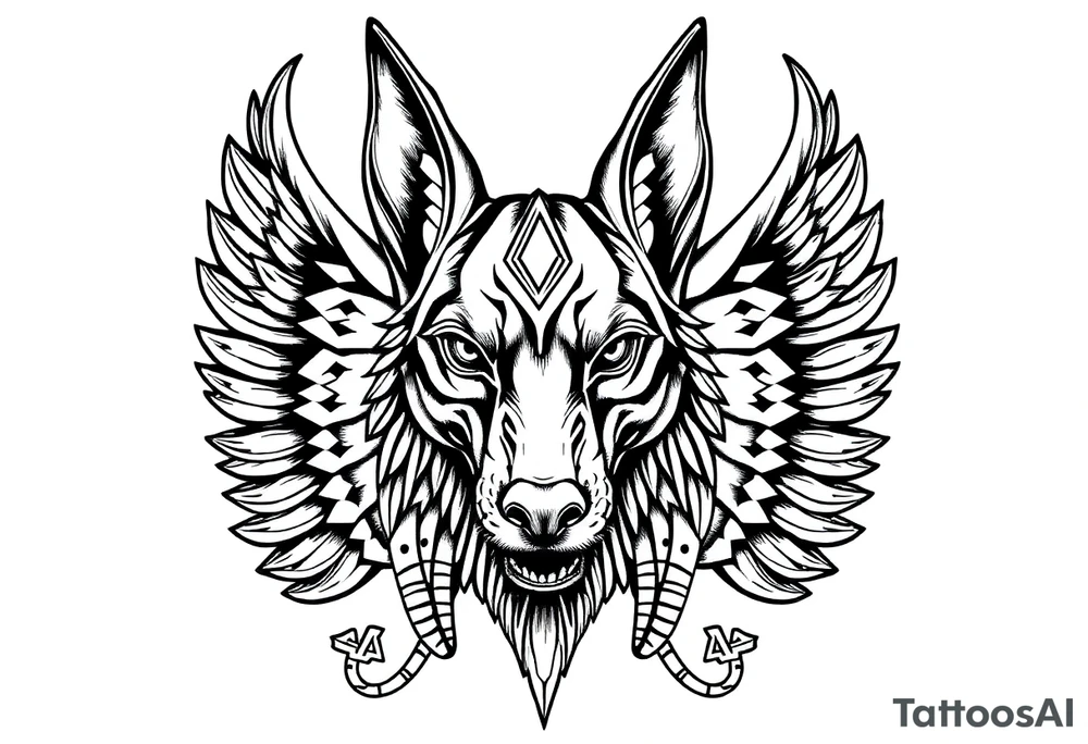 Egyptian Anubis god face muscle in Egypt style dog face surrounded Egyptian symbols based on elements tattoo idea