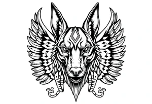 Egyptian Anubis god face muscle in Egypt style dog face surrounded Egyptian symbols based on elements tattoo idea