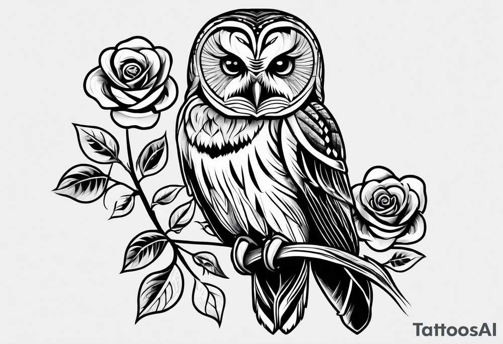 Barred owl with a single rose tattoo idea