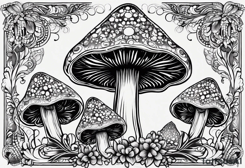 Large Shaggy cap mushroom dripping ink off cap with 4 smaller mushrooms around it mandala henna black tattoo design tattoo idea