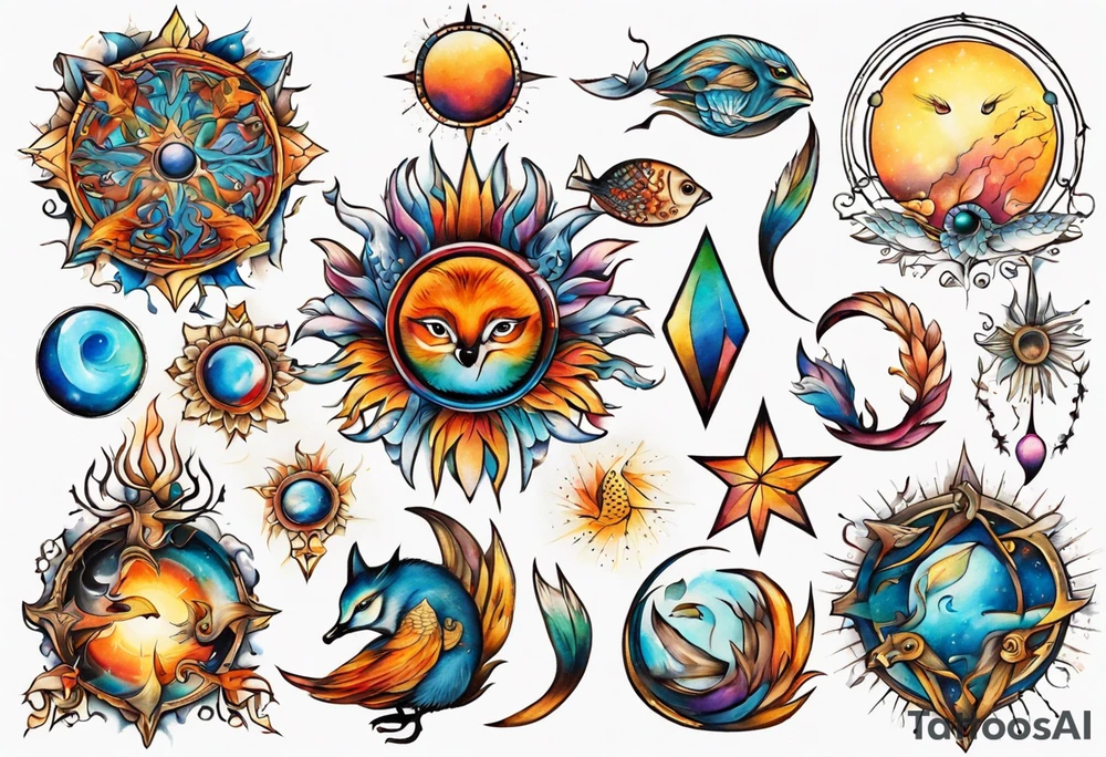 fisch, fuchs und eule , symetrie  sonne, universum, bunt, " sapere aude" tattoo idea