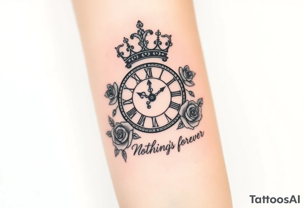 Roman clock with a crown, surrounded by 3 roses and a quote that says nothings forever tattoo idea