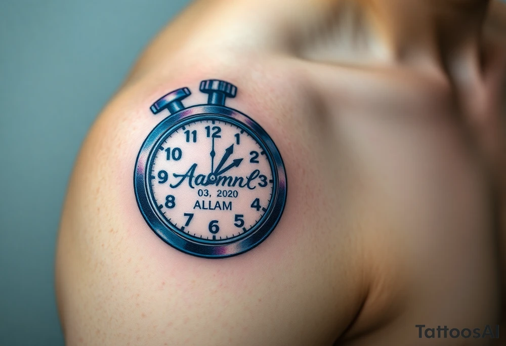 A stopwatch clock, which contains the child’s name "AdamL and birth date "03. 06. 2020", in blue, purple, and silver tattoo idea