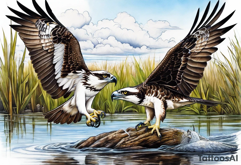 Osprey and alligator in the marsh tattoo idea