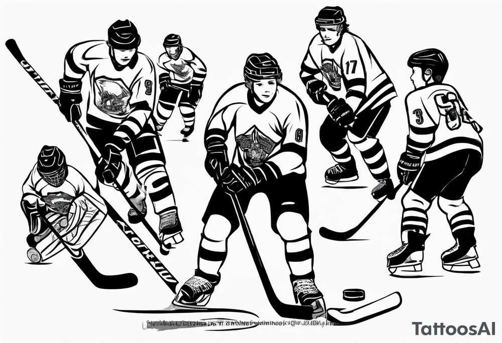Hockey scene incorporating my children’s names in jerseys tattoo idea