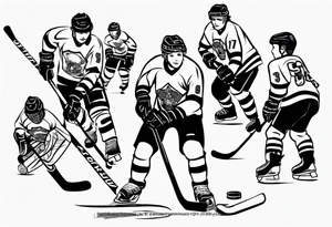 Hockey scene incorporating my children’s names in jerseys tattoo idea