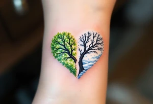 One has half of a heart-shaped tree with bright green leaves, the other with bare branches and snow, forming a full tree of love through seasons. tattoo idea