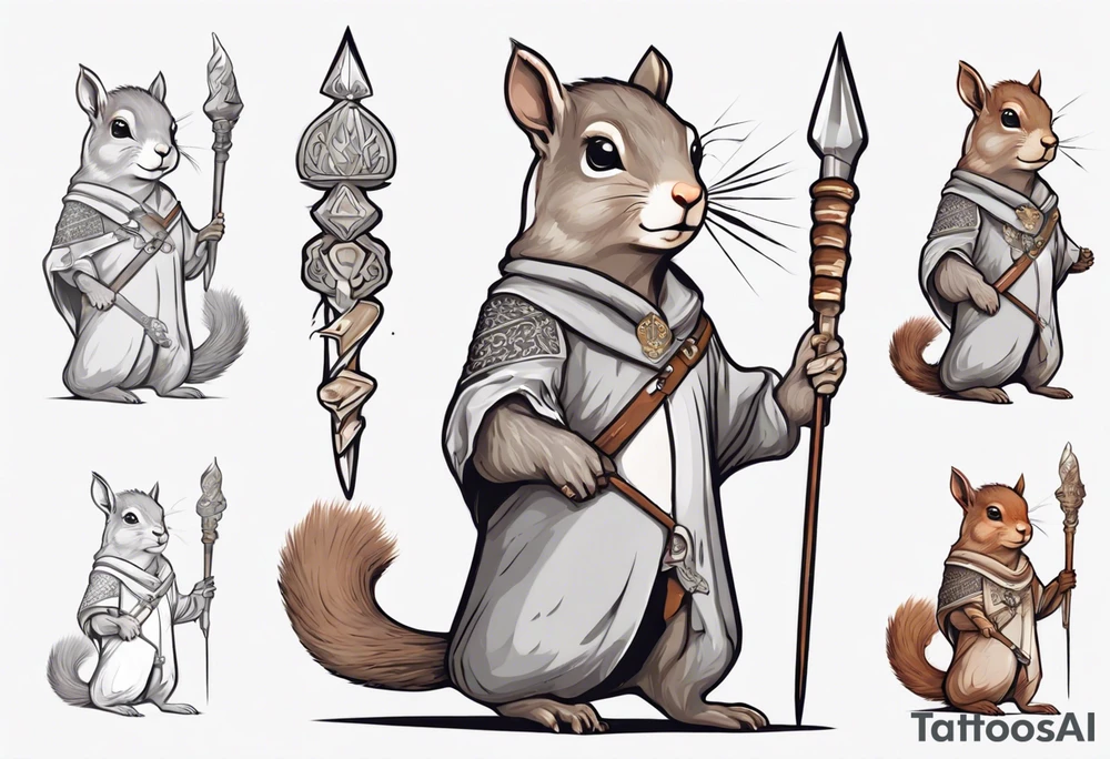 a grey squirrel dressed in a medieval tunic holding a silver unicorn horn spear tattoo idea