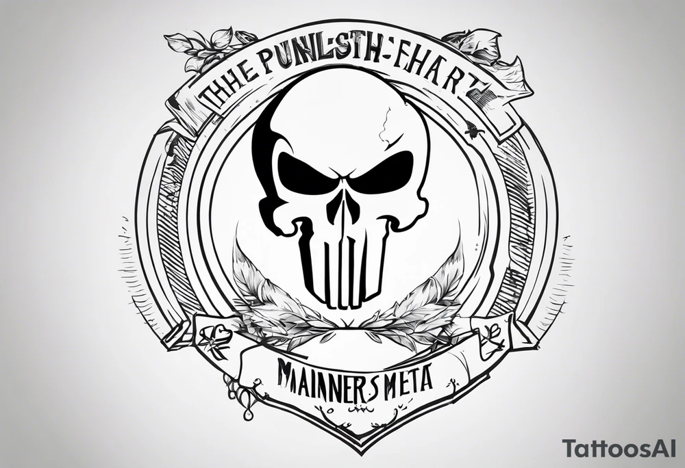 The Punisher skull with Manners Maketh Man text tattoo idea