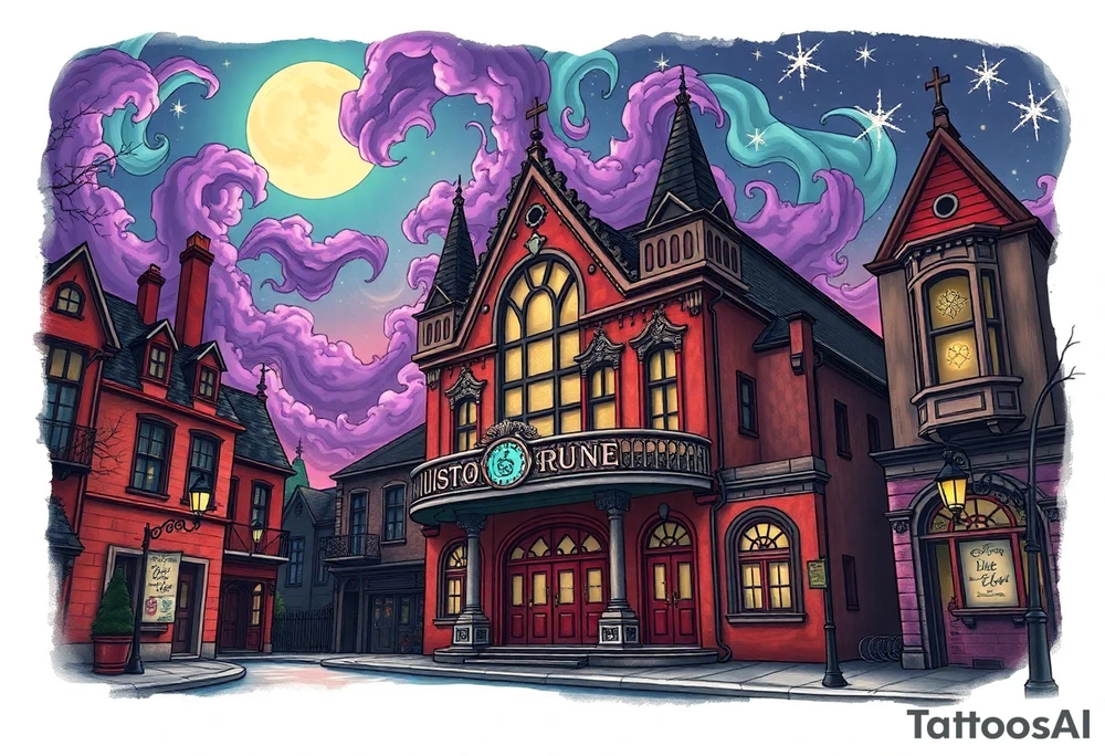 Tim Burton’s old victorian theatre from outside view is the street abandoned and dripping with muted reds, dusty pinks, and eerie green glow purple and cyan smokey clouds swirl and dance in the moonlit night sky filled with twinkling stars  tattoo idea tattoo idea