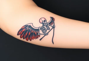 A winged skeleton clutching a scythe, its wings composed of intertwined black and blood-red feathers with highlights of dark orange at the edges. tattoo idea