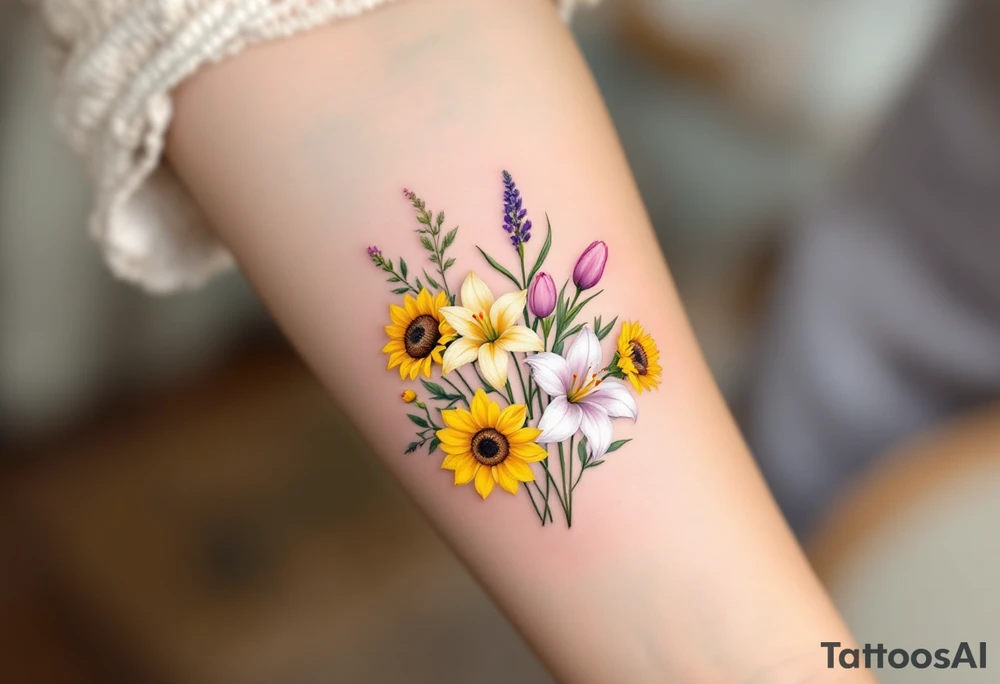 Small yellow sunflowers and simple stargazer Lilly in pale pink and pale purple tulip buds in a dainty wildflower bouquet with light green stems. No outlines on the flowers. Include feminine stem lines. tattoo idea