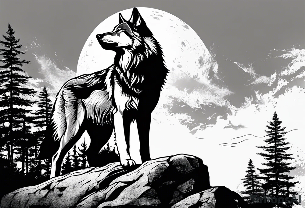 A wolf howling at the full moon on top of a rock surrounded by trees tattoo idea