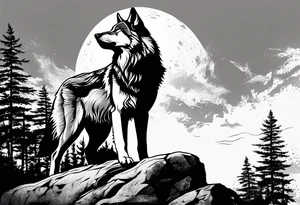 A wolf howling at the full moon on top of a rock surrounded by trees tattoo idea