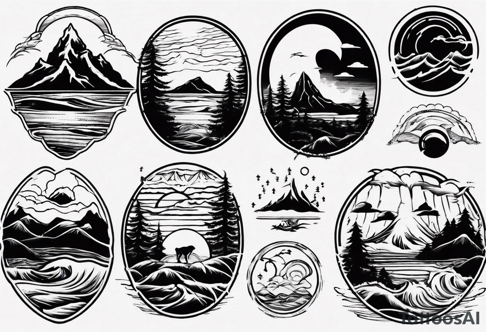 mountains, beach, waves, sunset, camping, trees tattoo idea